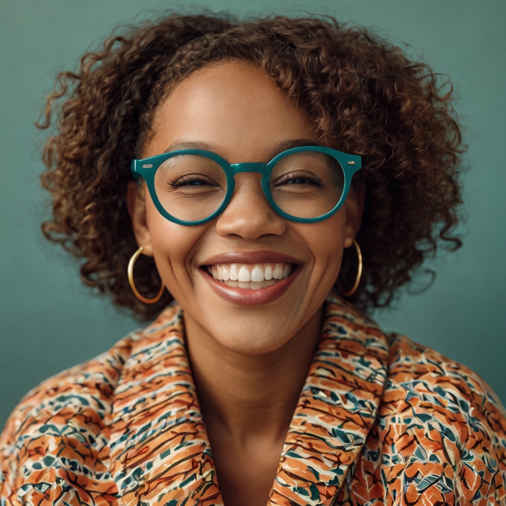 image of woman wearing glasses and smiling image of woman wearing glasses and smiling